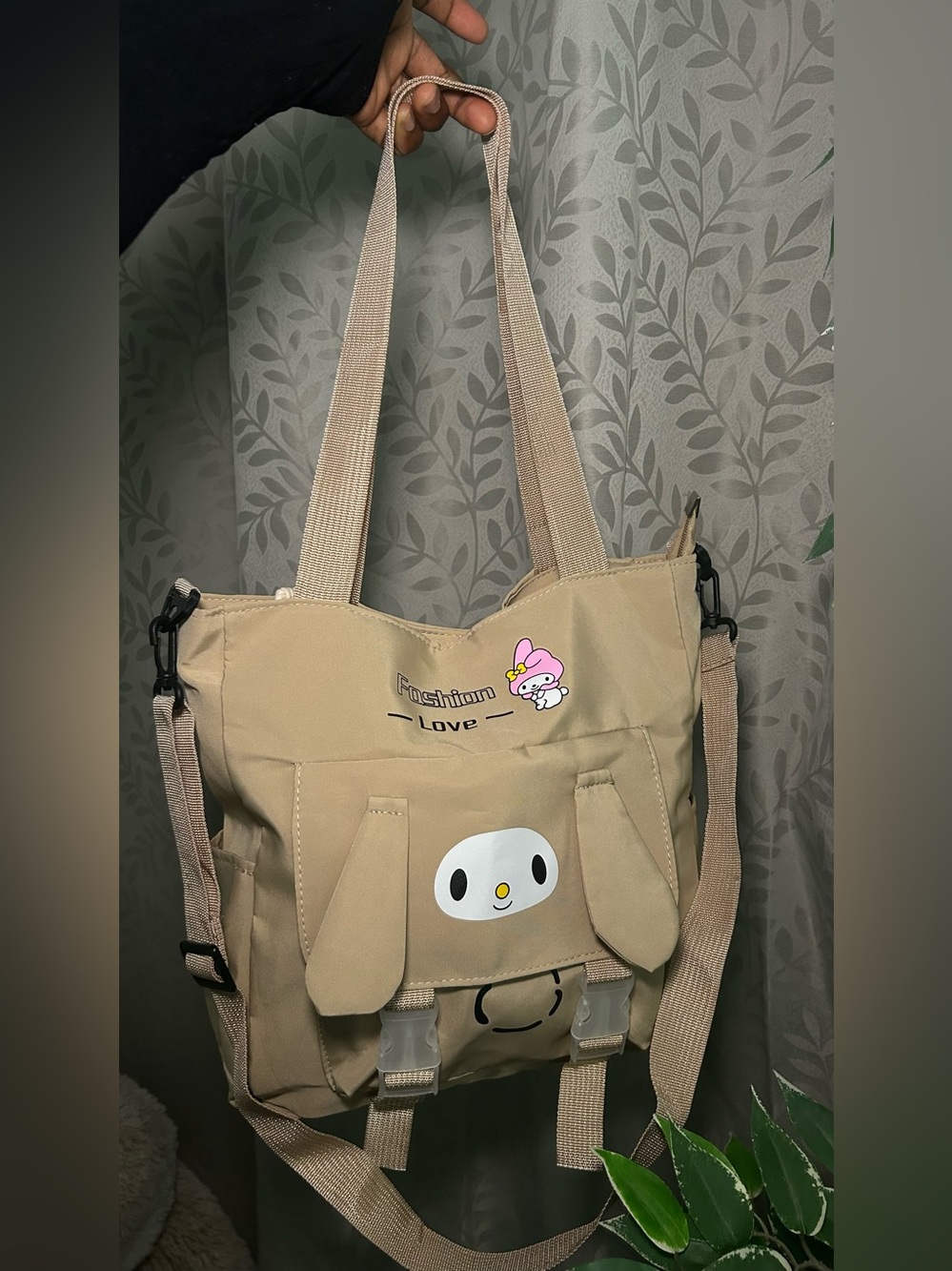 Beige Cute Character Canvas Tote Bag with Adjustable Straps